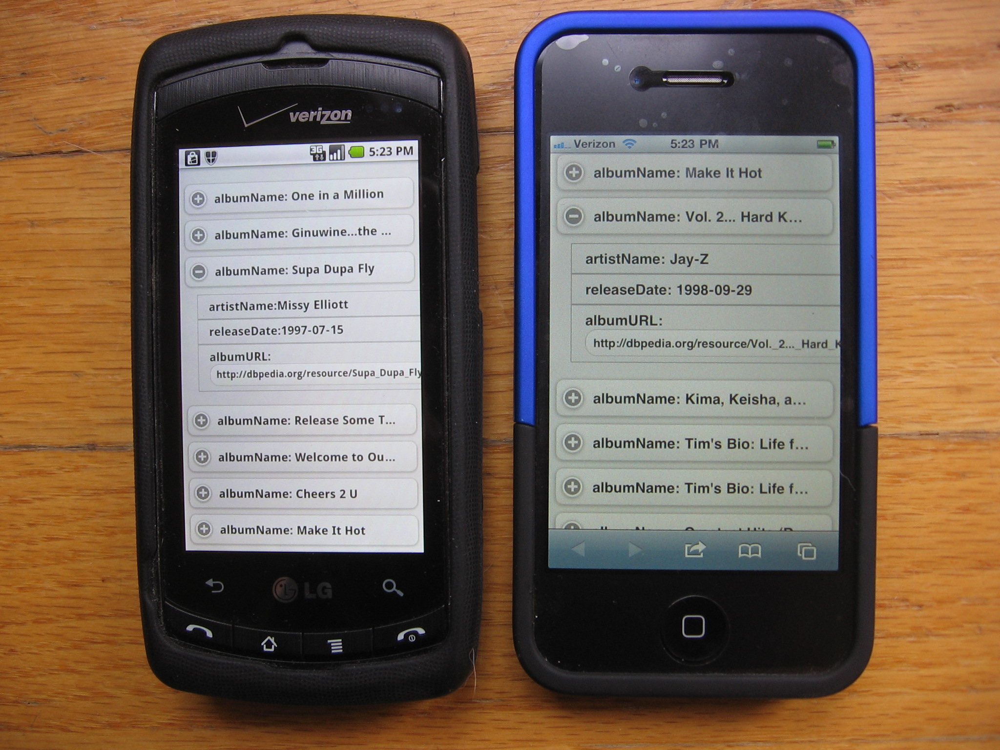 Android LG Ally and iPhone showing SPARQL results